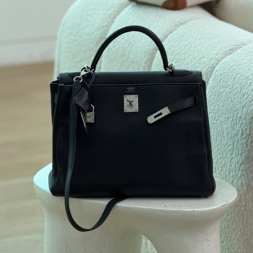 Authentic Hermes Kelly 32 Togo Tote Top Handle Crossbody Bag Black SHD