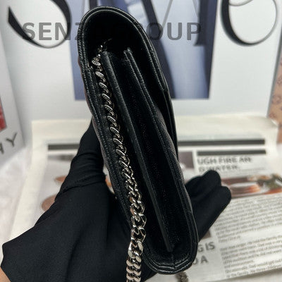 YSL Saint Laurent Classic Chain Envelope Leather Wallet Bag Black Silver