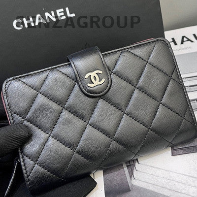 Chanel Black Silver Lambskin Quilted Wallet on Chain WOC