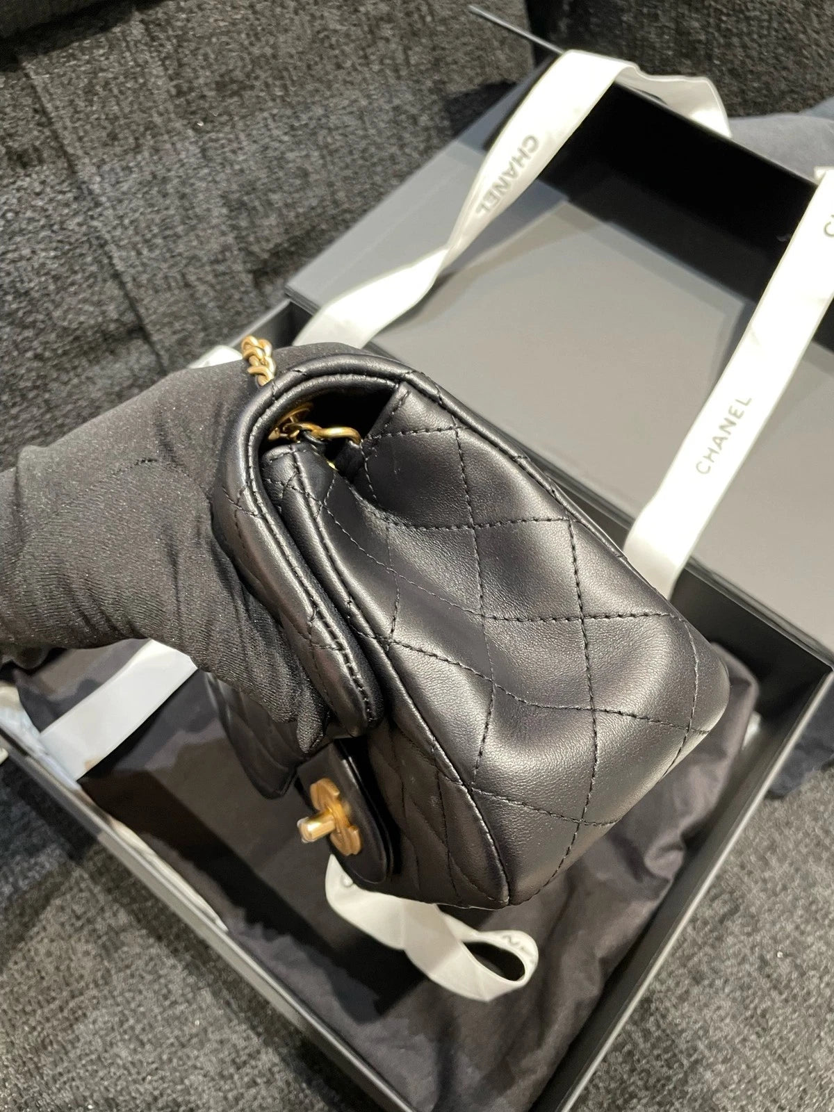 CHANEL New Leather Black Gold Square Mini Crossbody Bag For Women