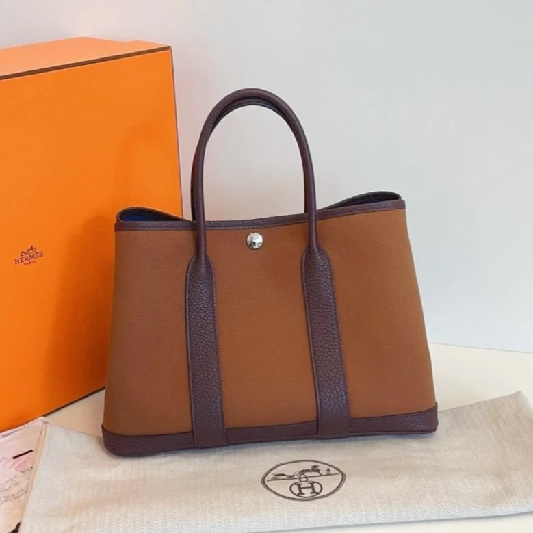 Hermes Garden Party30 Canvas Top Handle Bag Brown Silver Women Classic