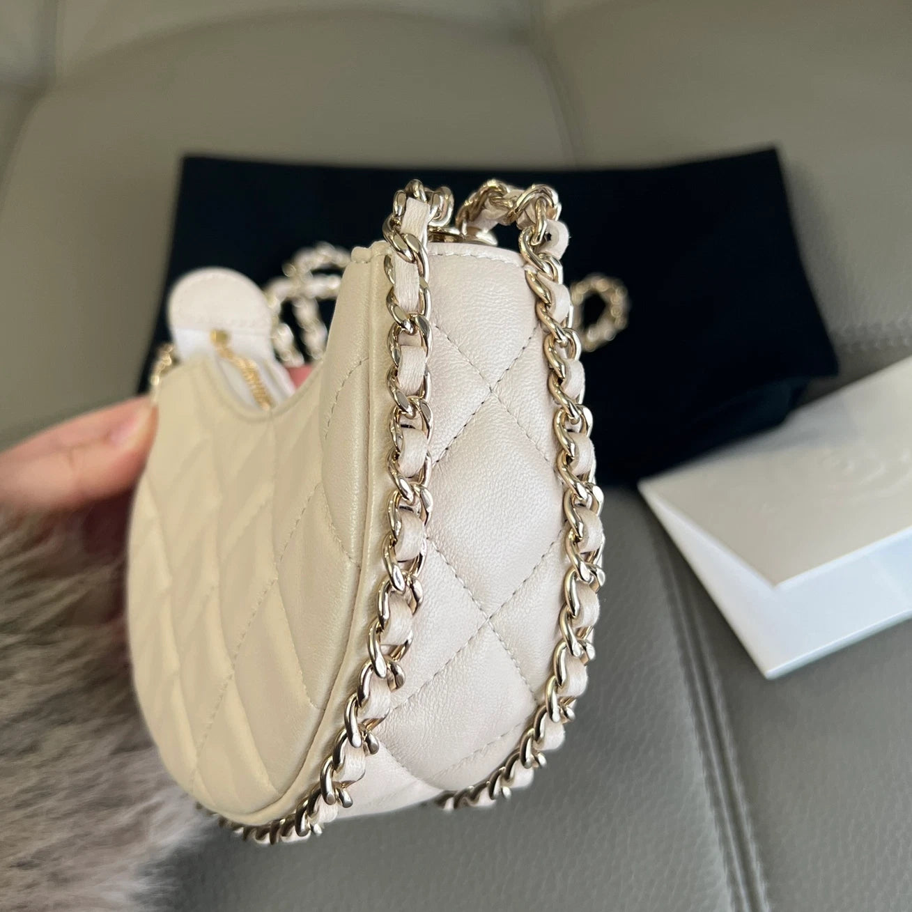 Authentic Chanel Hobo MINI Chain Shoulder Crossbody Bag White Gold Hardware