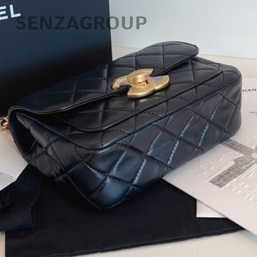 Chanel 24B Diamond Chain Shoulder Bag Crossbody Black Gold Women Classic
