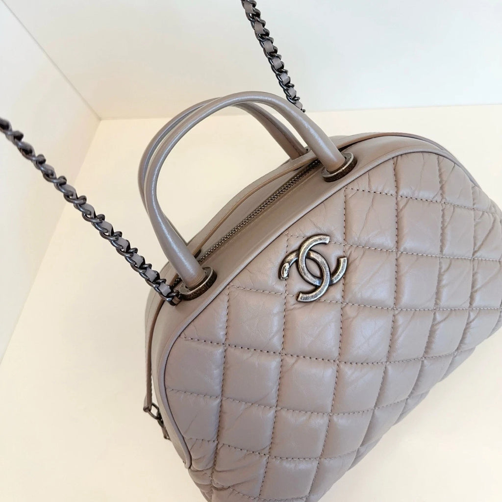 Authentic Chanel Bowling PM Chain Oil Wax Top Handle Shoulder Bag Grey SHD