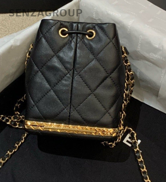 CHANEL Bucket Drawstring Lambskin Diamond Pattern Chain Shoulder bag Black Gold