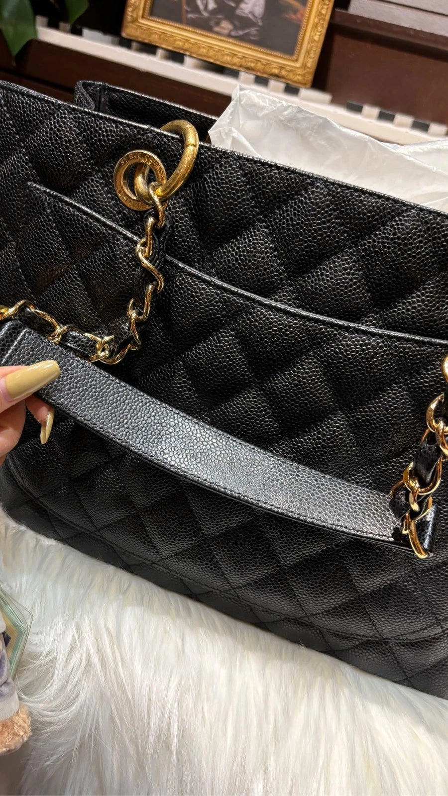 CHANEL GST Black Gold Leather Shoulder Handbag Tote For Women