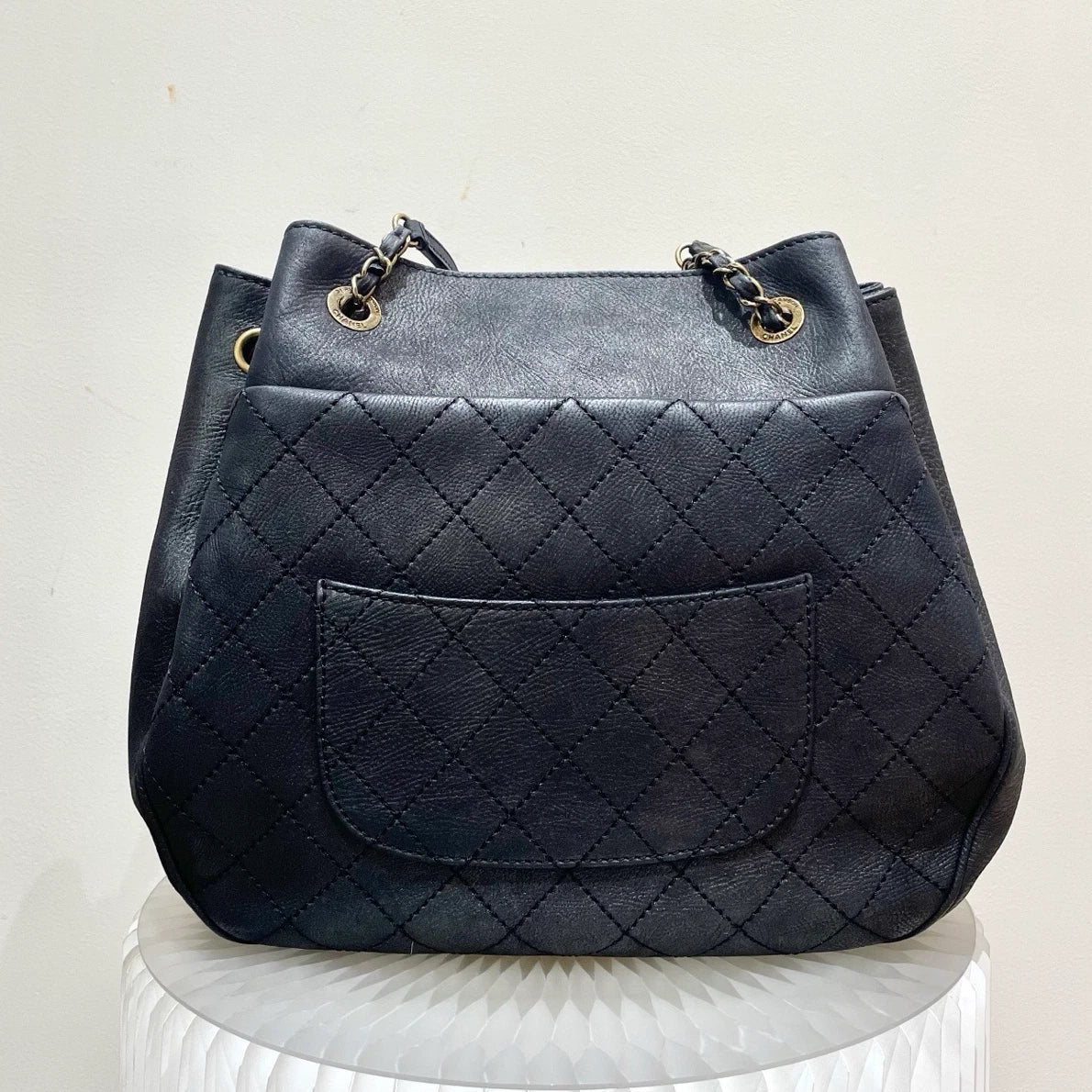 Chanel Tote Calfskin Chain Shoulder Bag Black Gold Used Women Classic