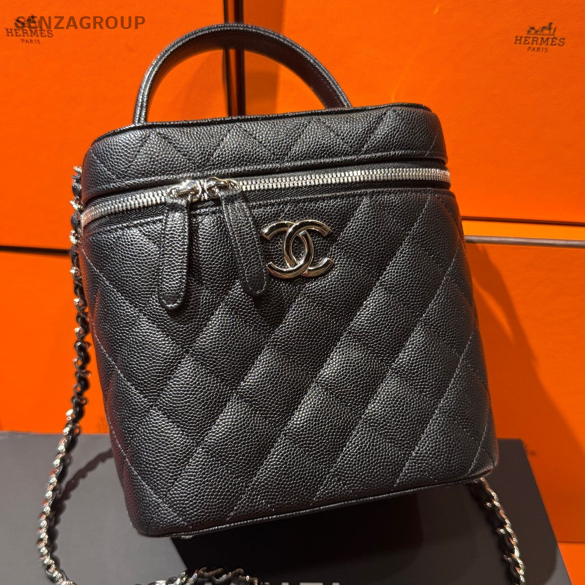 Chanel Black Silver Hardware Calfskin Chain Shoulder Bag Quilted Pattern