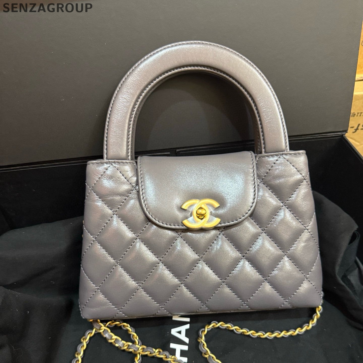 Chanel Kelly Large Grey Gold Chain Shoulder Bag Women's Fashion