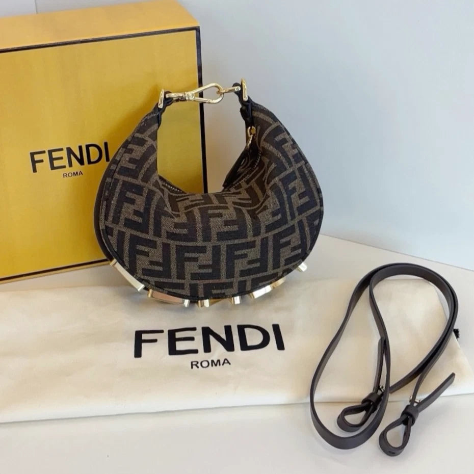 Excellent Fendi Fendigraphy Brown FF Monogram Canvas Handbag Detachable Strap