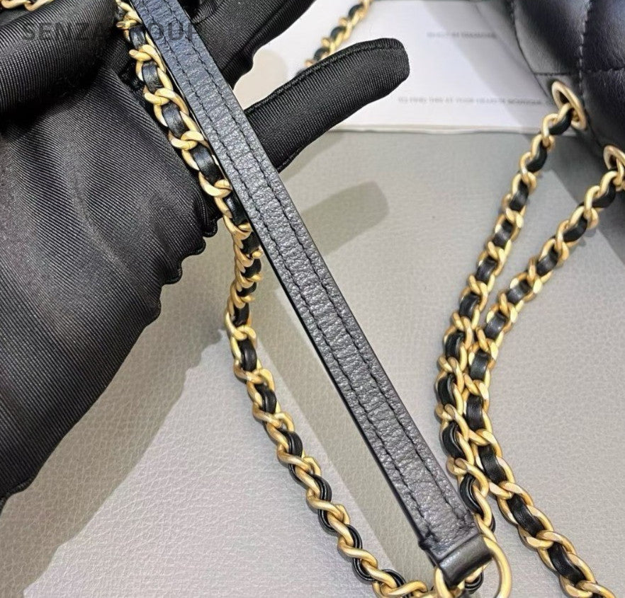 Chanel Calfskin PM Chain Shoulder Bag Black Gold Diamond Women Classic