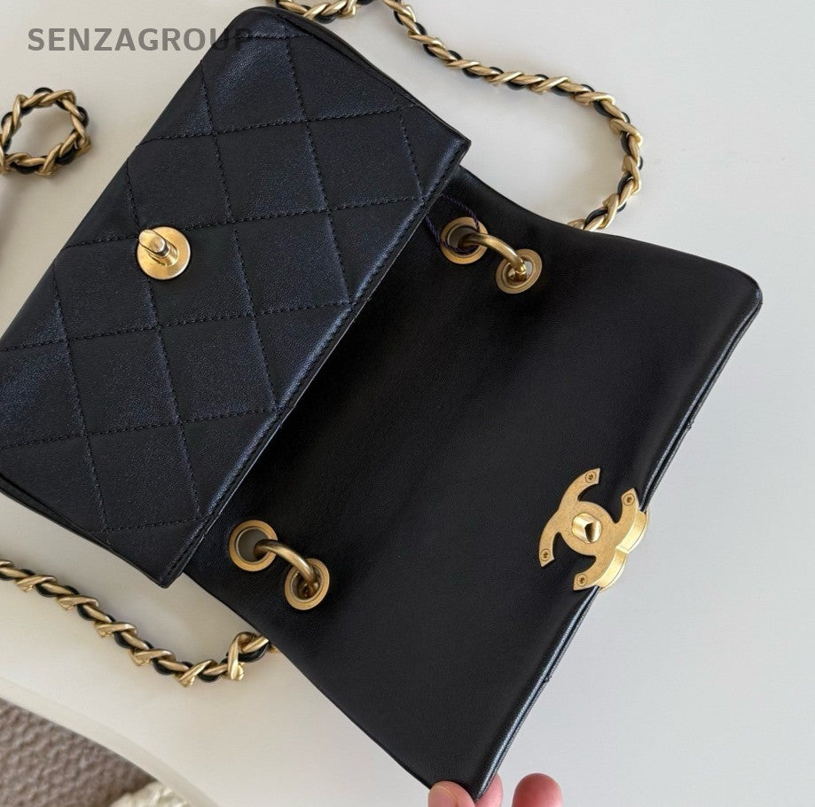 Chanel Diamond Mini Chain Top Handle Bag Crossbody Black Gold Used Women Classic
