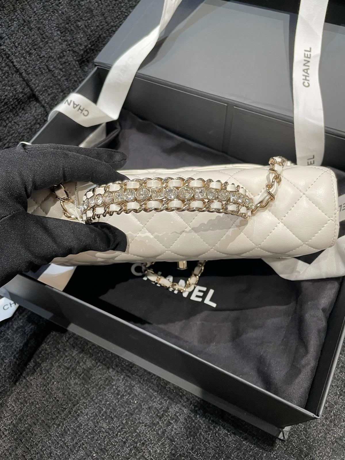 CHANEL Lambskin Rhinestone Handle White Gold CF Bag For Women
