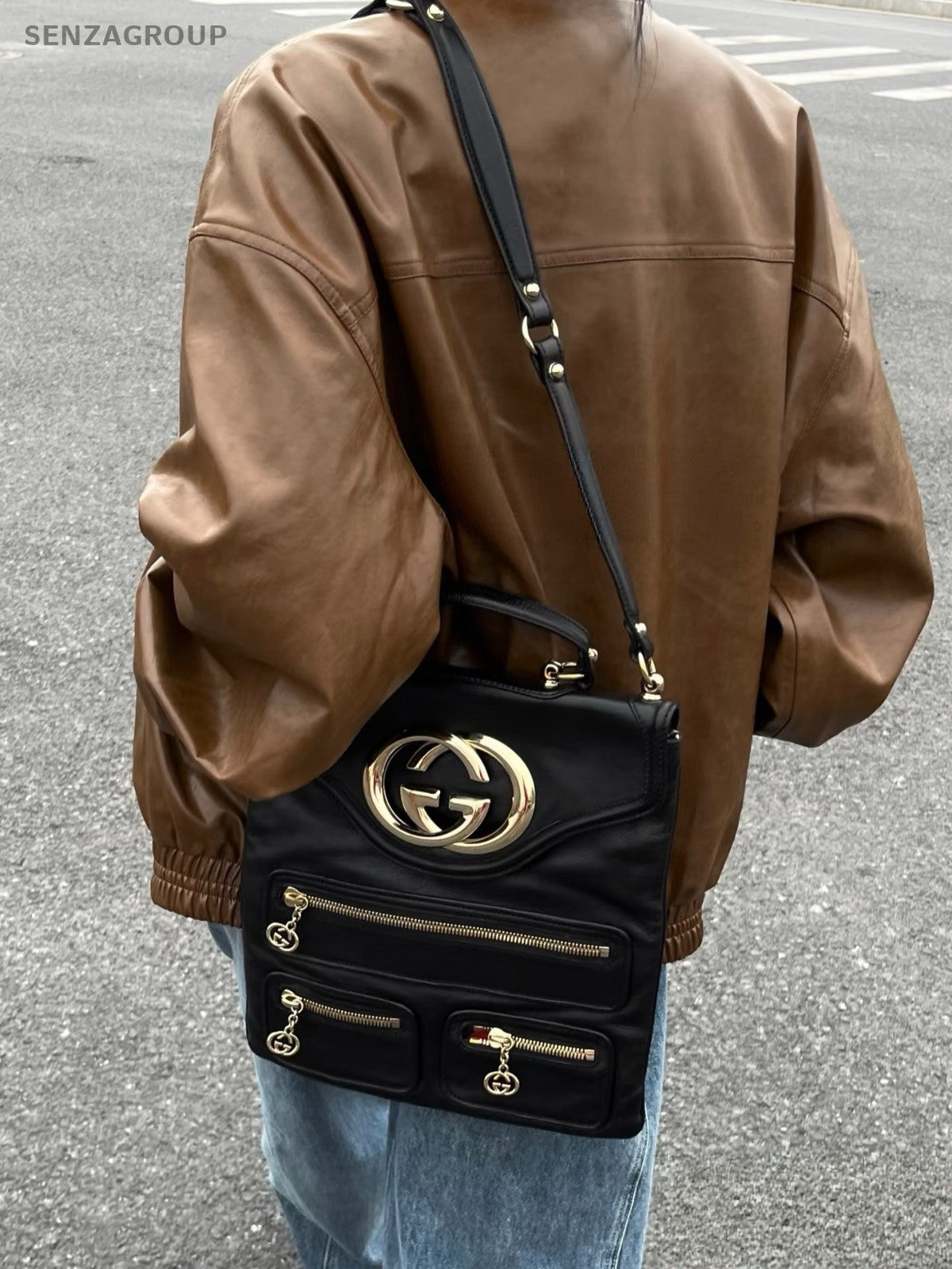 GUCCI GG Logo Top Handle 2way Shoulder Handbag Black Gold Women