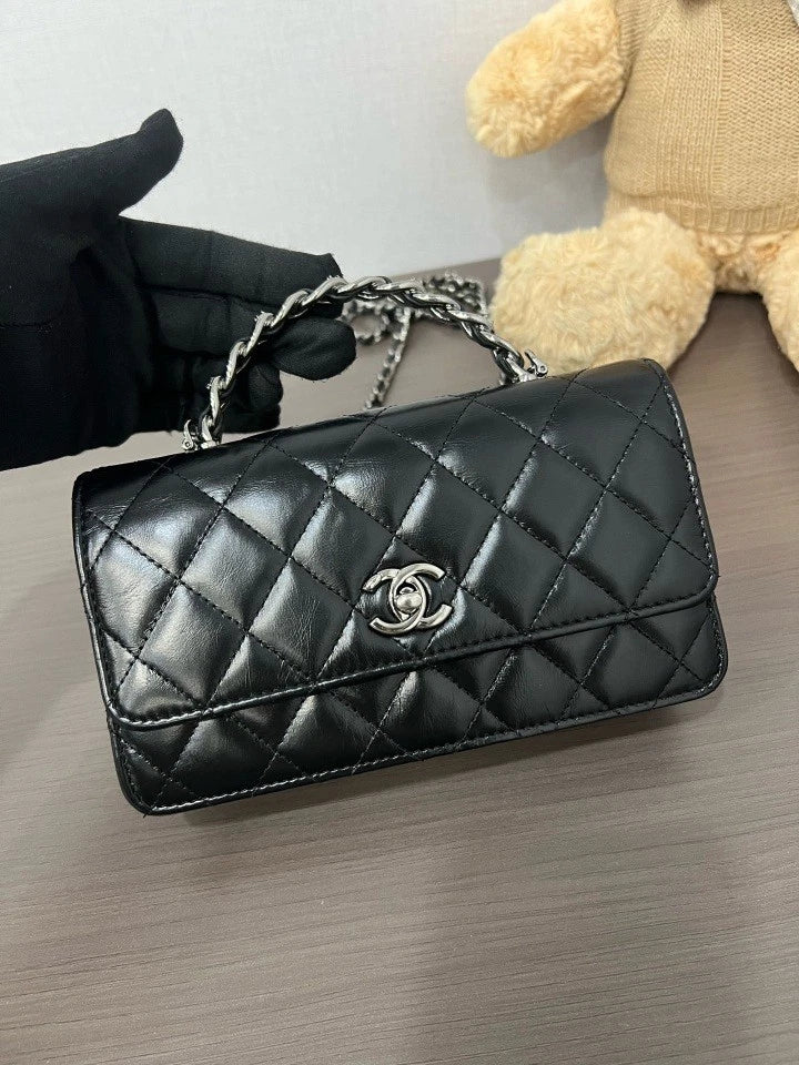 CHANEL 23K Black Silver Rhinestone Handle Accordion WOC Bag For Women