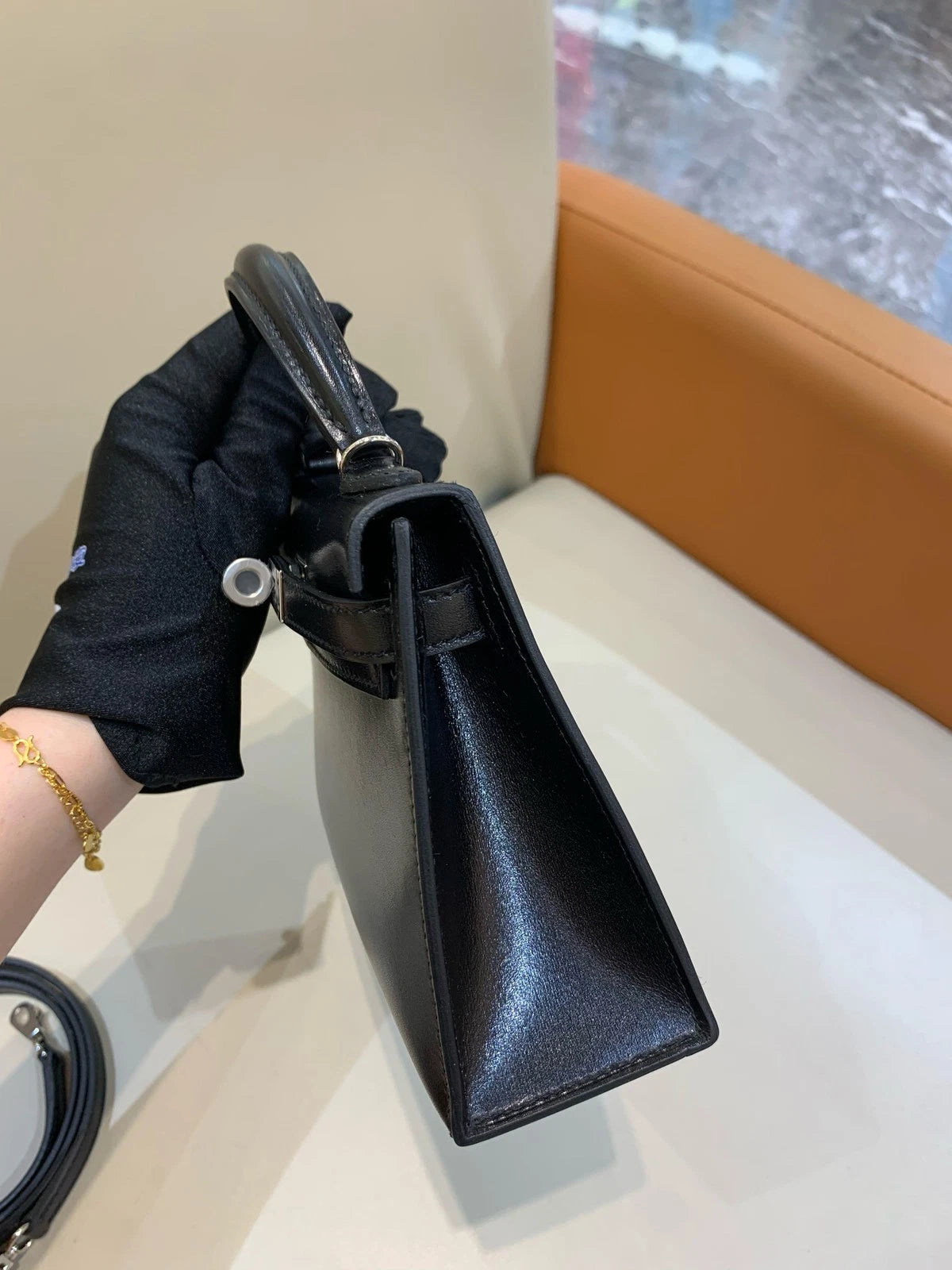 Hermes Mini Kelly Black Silver Box Leather Top Handle Bag For Women