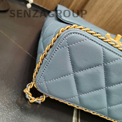 Chanel Blue Gold Camellia Quilted Chain Shoulder Backpack Classic Fashion