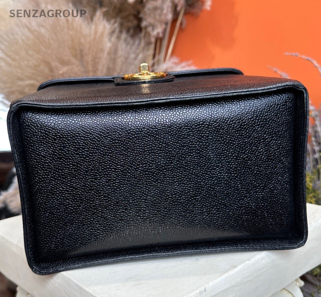 Chanel Vintage Vanity Case Top Handle Bag Black Gold Used Women Classic