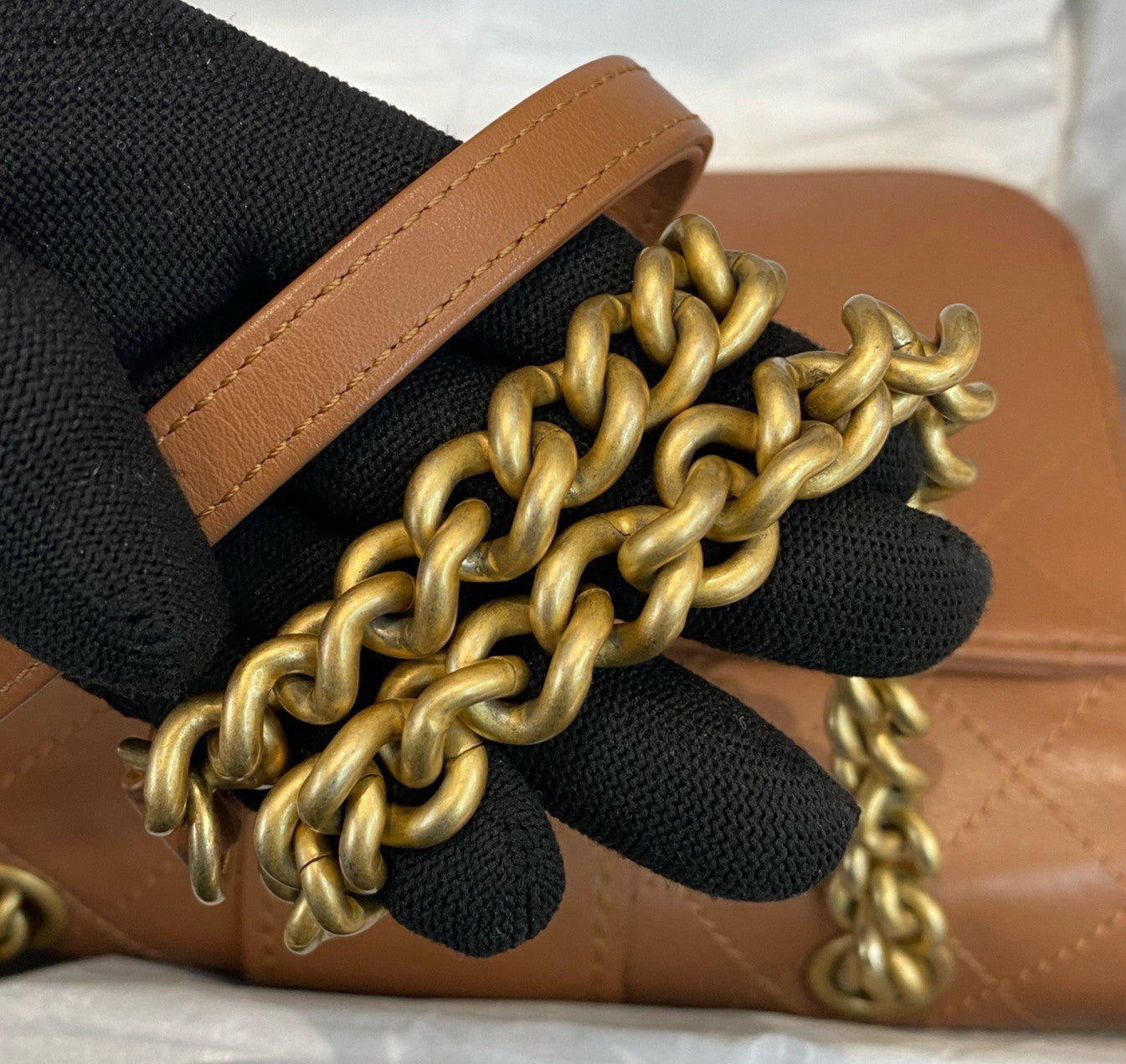 Chanel Bombay MM Calfskin Chain Shoulder Bag Crossbody Brown Gold Women Classic