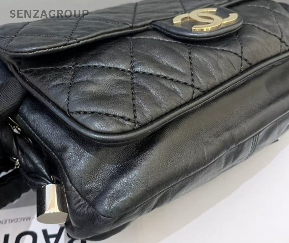 Chanel Classic Flap Chain Shoulder Bag Black Gold Used Women Diamond Pattern