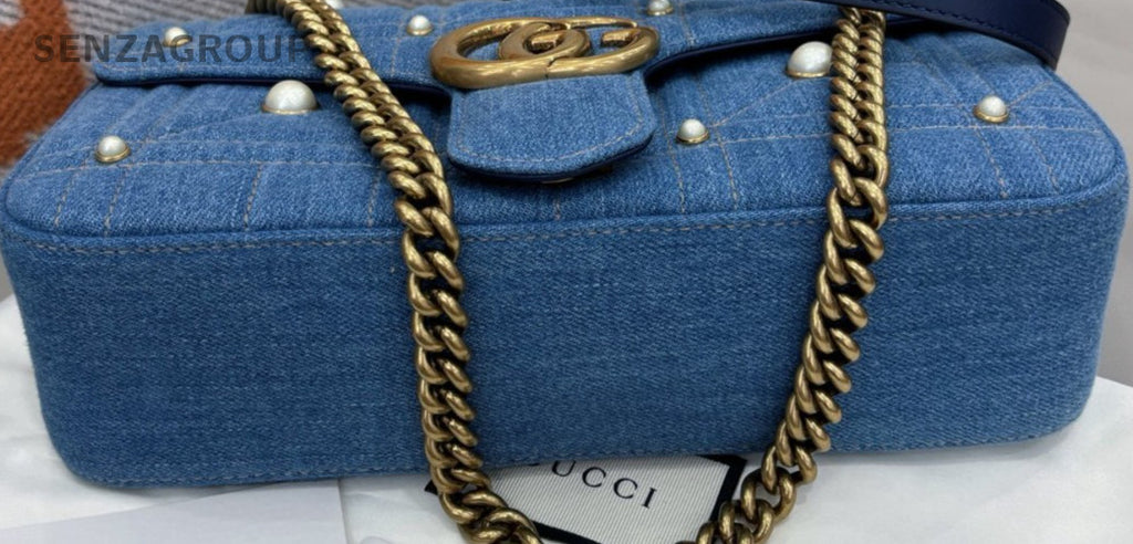 Gucci Marmont Pearl Chain Shoulder Bag Blue Gold Women Classic Designer
