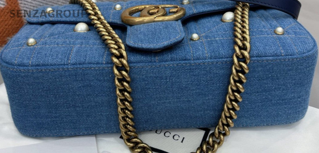Gucci Marmont Pearl Chain Shoulder Bag Blue Gold Women Classic Designer