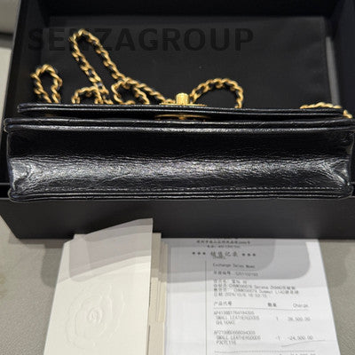 Chanel 24B WOC Quilted Chain Shoulder Bag Black Gold Women's Fashion