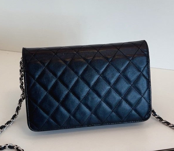 Chanel Cambon WOC Calfskin Chain Shoulder Bag Crossbody Black Silver Women