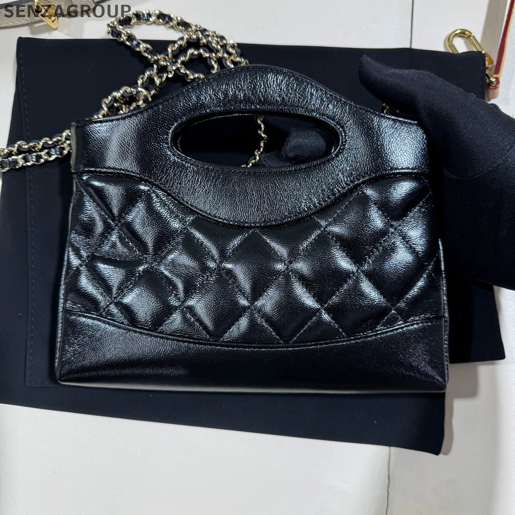 Authentic CHANEL 31 Nano Black Gold Lambskin Crossbody Bag For Women