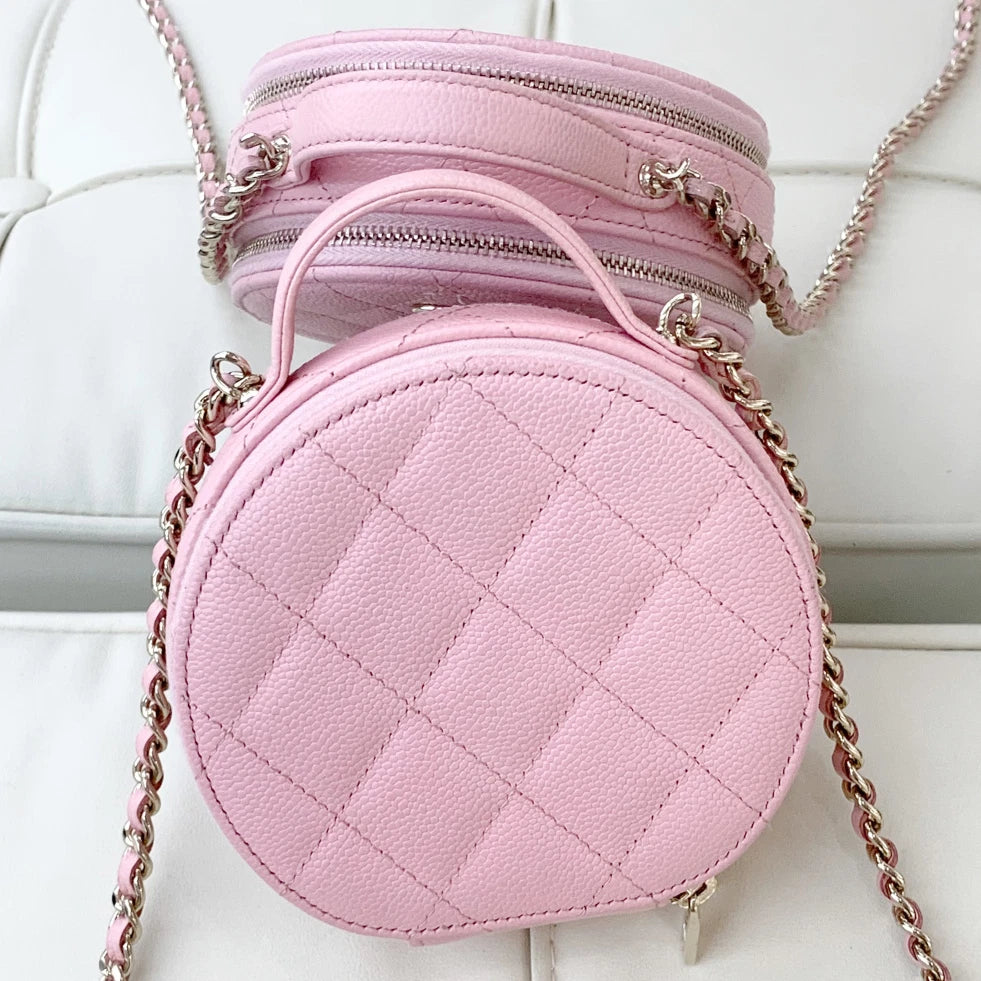Chanel Calfskin Chain Top Handle Crossbody Bag Pink Gold Women Classic S