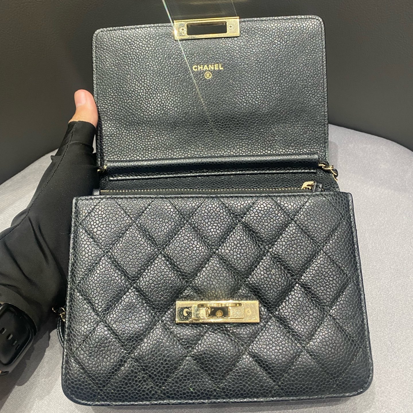 Chanel WOC Quilted Chain Shoulder Crossbody Bag Black Gold Classic