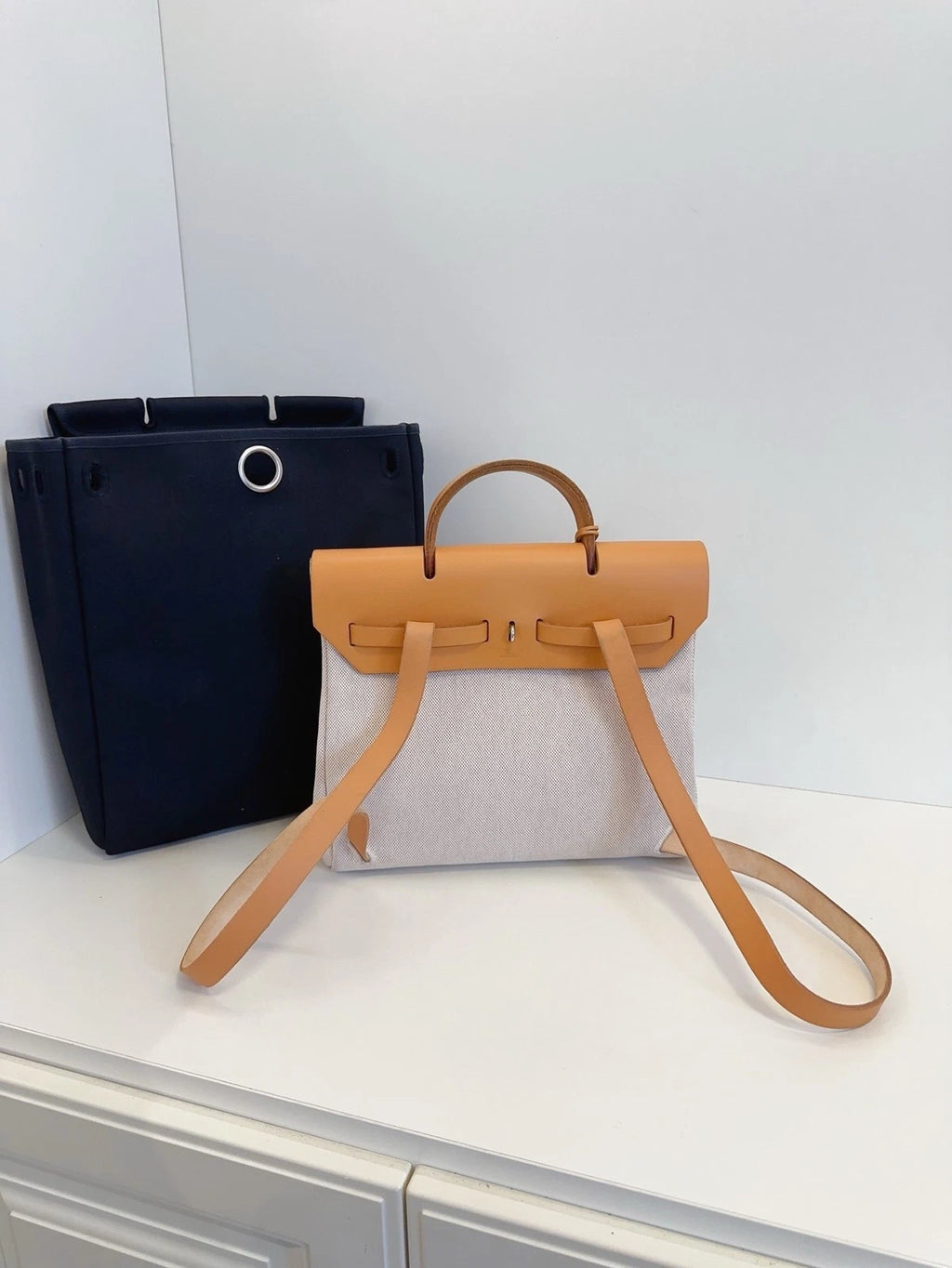 Hermes Herbag 31 Backpack Caramel Leather Silver Hardware Reversible Canvas