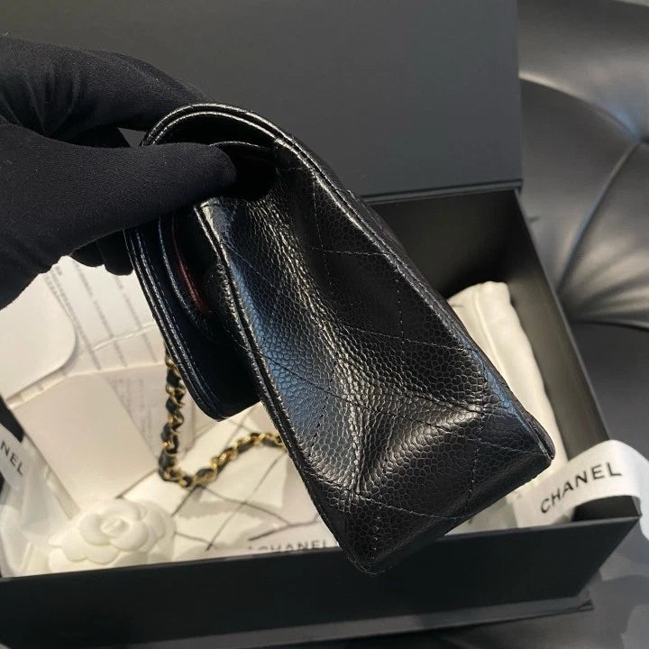 Chanel Classic Flap PM Calfskin Chain Shoulder Crossbody Bag Black Women D