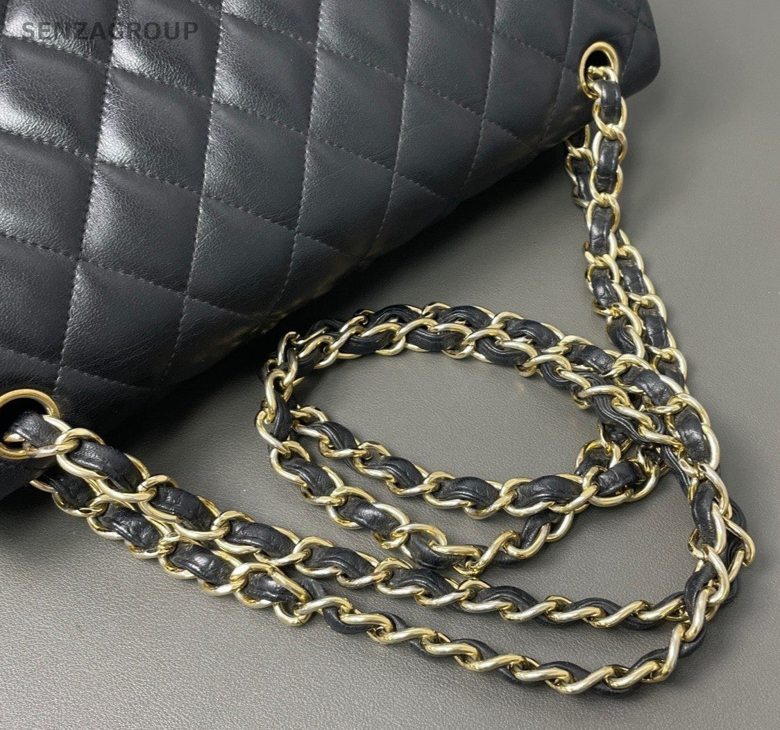 Chanel Classic Flap Jumbo Chain Shoulder Bag Crossbody Black Gold Women Fashion
