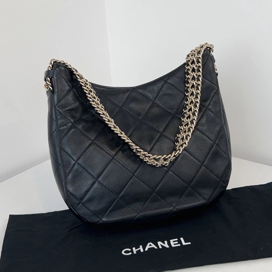 Chip Version Chanel Waterfall Gold Chain Hobo Black Diamond Shoulder Bag