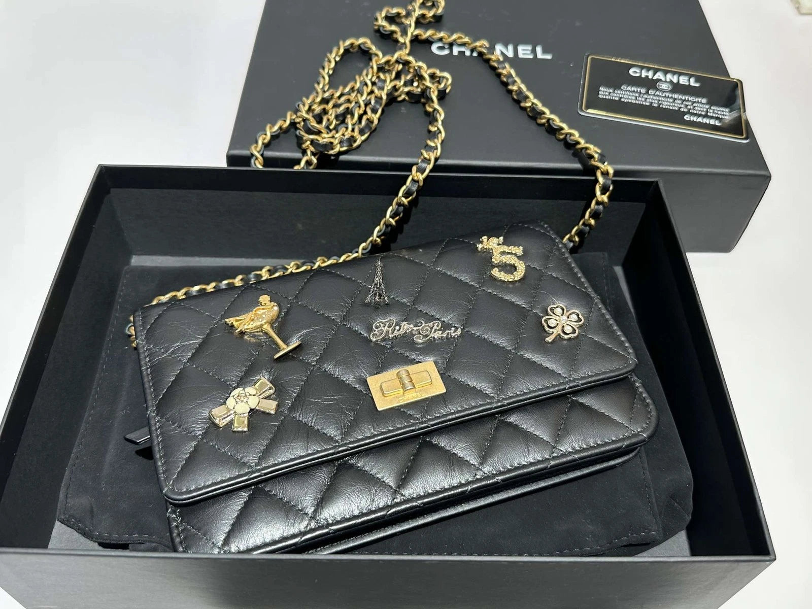 CHANEL Black Gold 2.55 WOC Leather Chain Shoulder Bag For Women