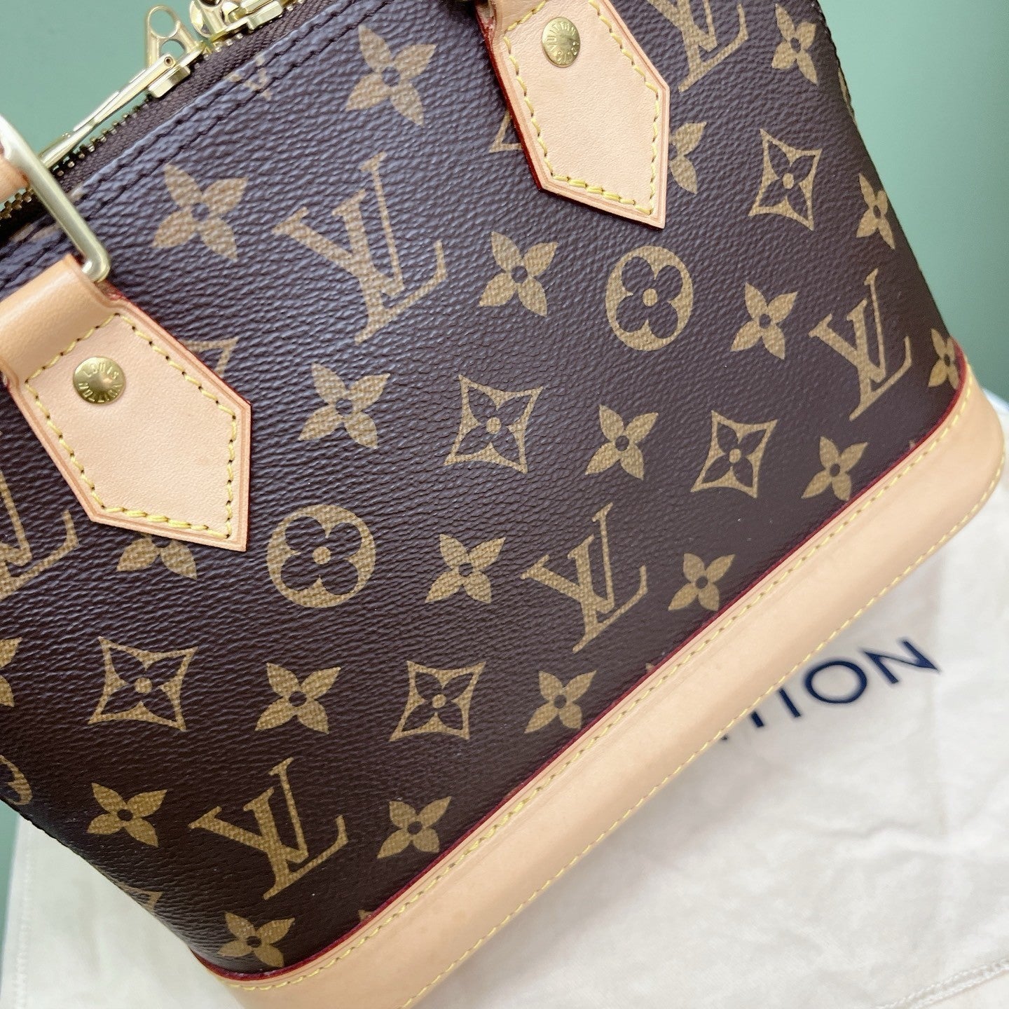 Louis Vuitton Alma BB Monogram Canvas Top Handle Crossbody Brown Gold Used Women