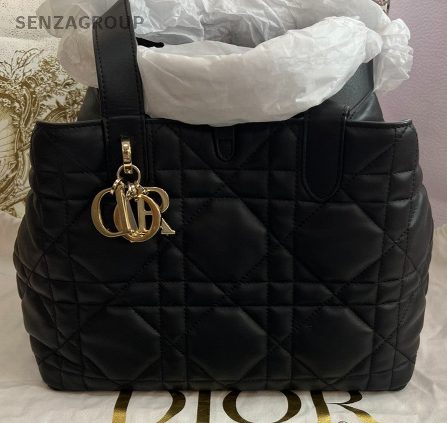 Chrisitian Dior Toujours MM Calfskin Top Handle Bag Black Gold Women Classic