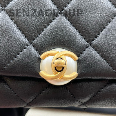 Chanel Classic Flap Black Gold Pearl Chain Shoulder Bag Quilted Women Fashion
