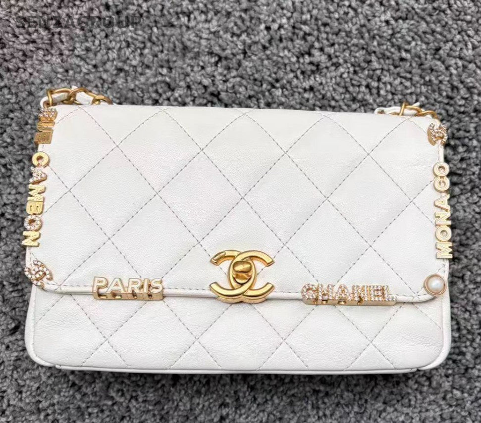 Chanel Chain 2Way Shoulder Bag Crossbody White Gold Diamond Women Classic