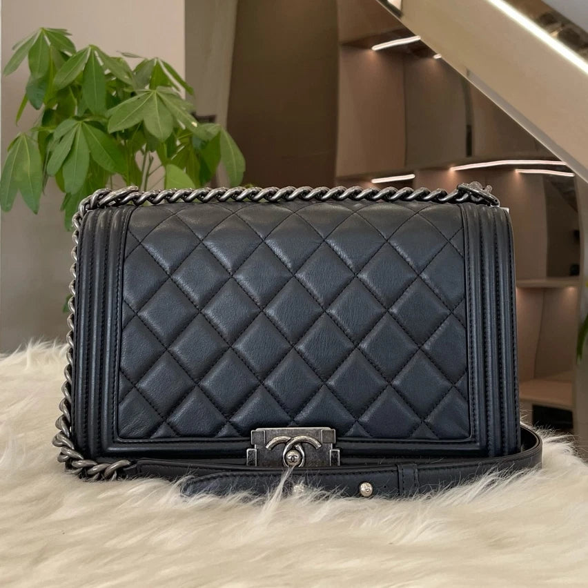 Chanel Le Boy Medium Chain Shoulder Bag Black Silver Classic Women's
