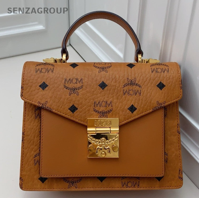 Mcm PM Top Handle Bag Shoulder Bag Crossbody Brown Gold Women Classic