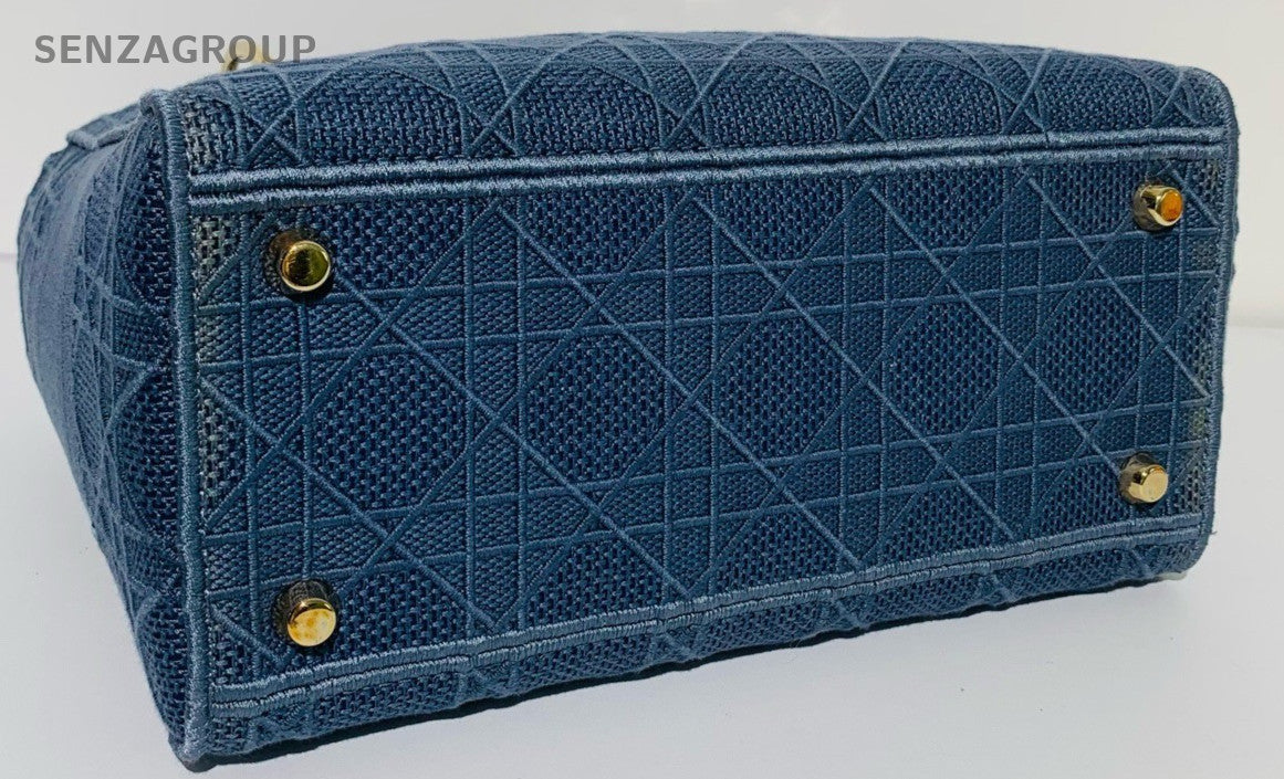 Christian Dior Lady Dior Top Handle Bag Blue Gold Used Women Classic Designer
