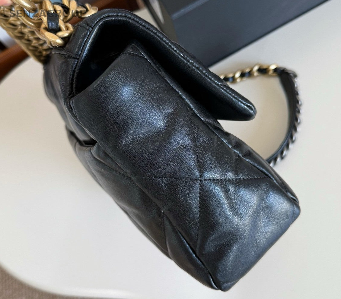 Chanel 19Bag MM Chain Shoulder Bag Crossbody Black Gold Women Classic Fashion
