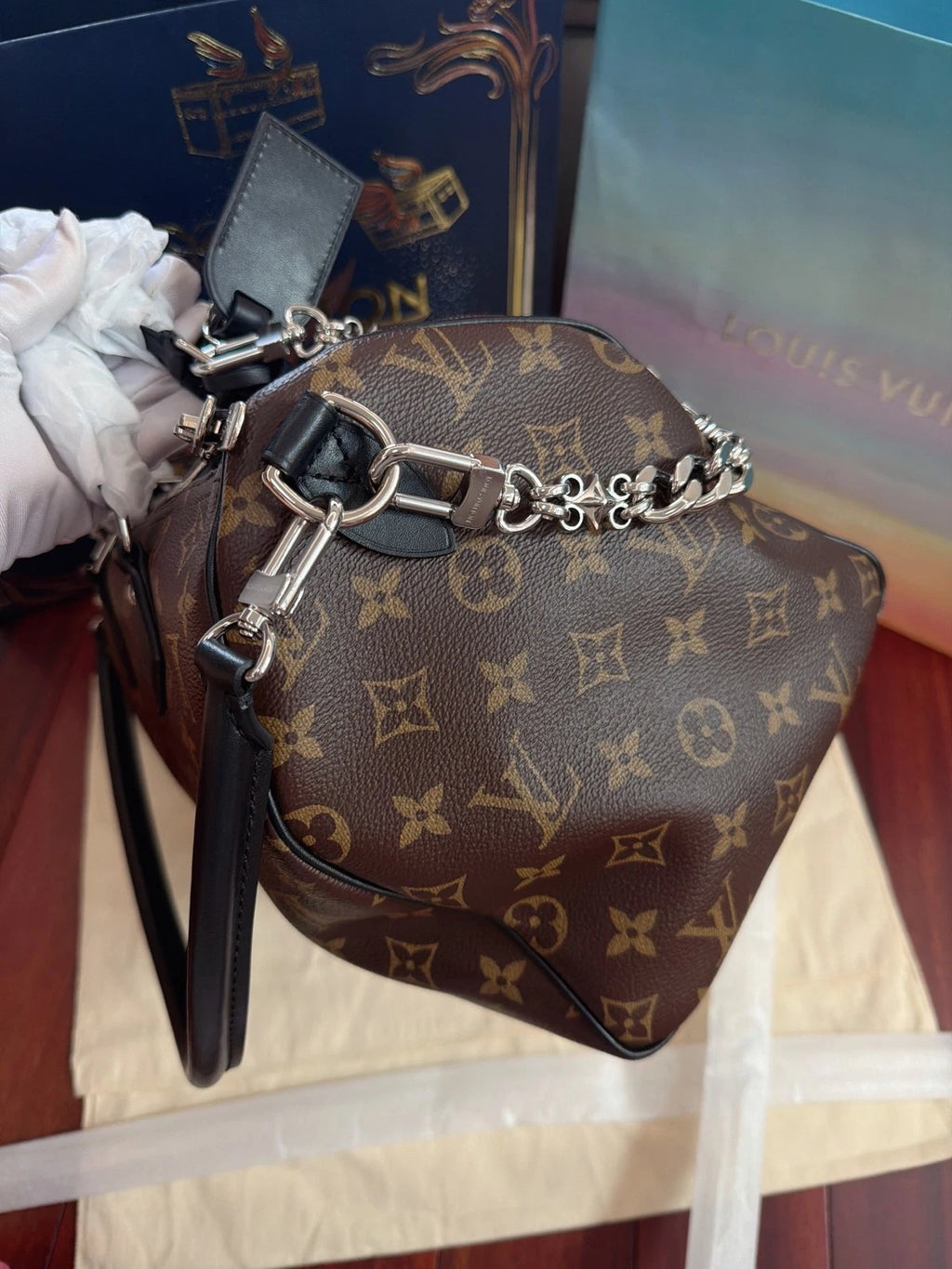 Louis Vuitton Speedy30 Monogram Top Handle Shoulder Bag Black Silver Women