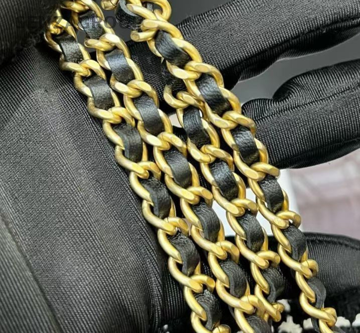 Chanel Tweed Long Box Chain Shoulder Bag Crossbody Black Gold Women Classic
