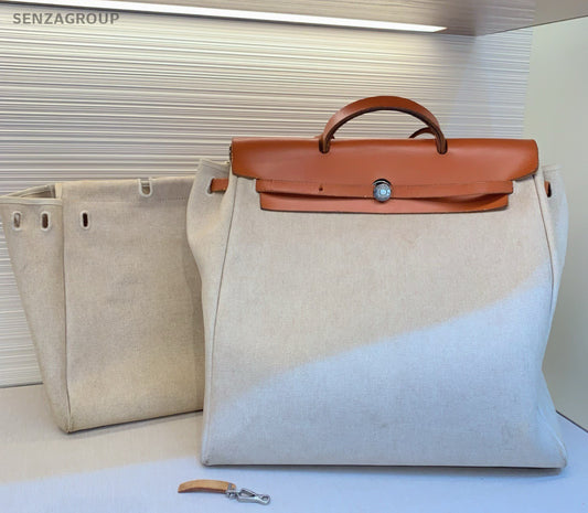 Hermes Herbag 2Way Top Handle Bag Shoulder Bag White Brown Silver Women Classic