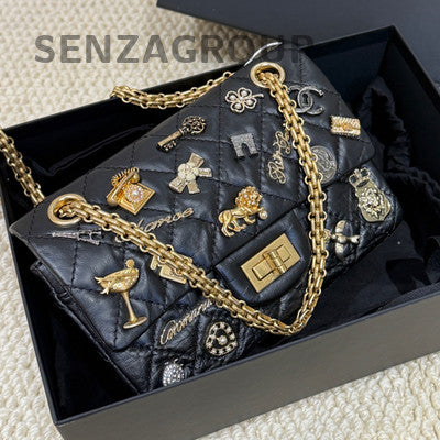 Chanel 2.55 Mini Flap Bag Black Gold Quilted Chain Shoulder Bag
