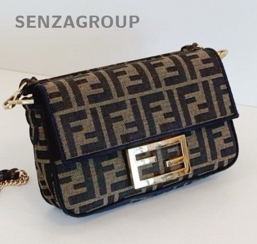 Fendi Baguette Mini Top Handle Bag Chain Crossbody Brown Gold Women Classic