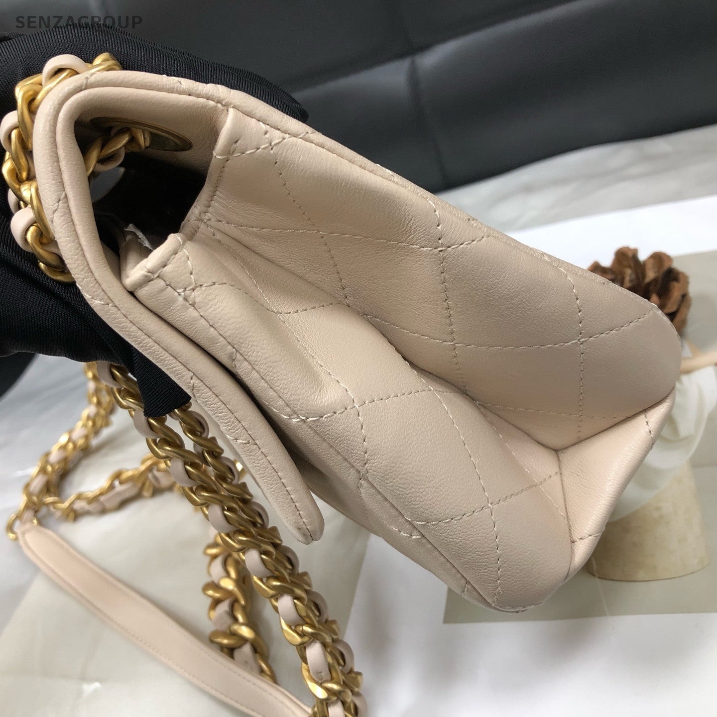 Chanel CF Quilted Flap Bag Beige Gold Chain Shoulder Crossbody Women Fashion